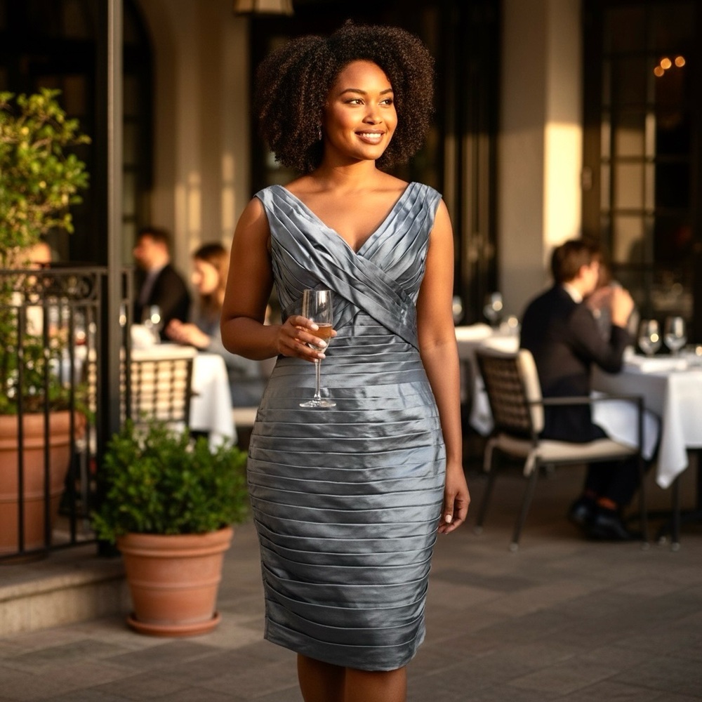 ANGELINA FACCENDA Ruched Cocktail Dress Shiny Charcoal Deep V Back Women’s 13/14